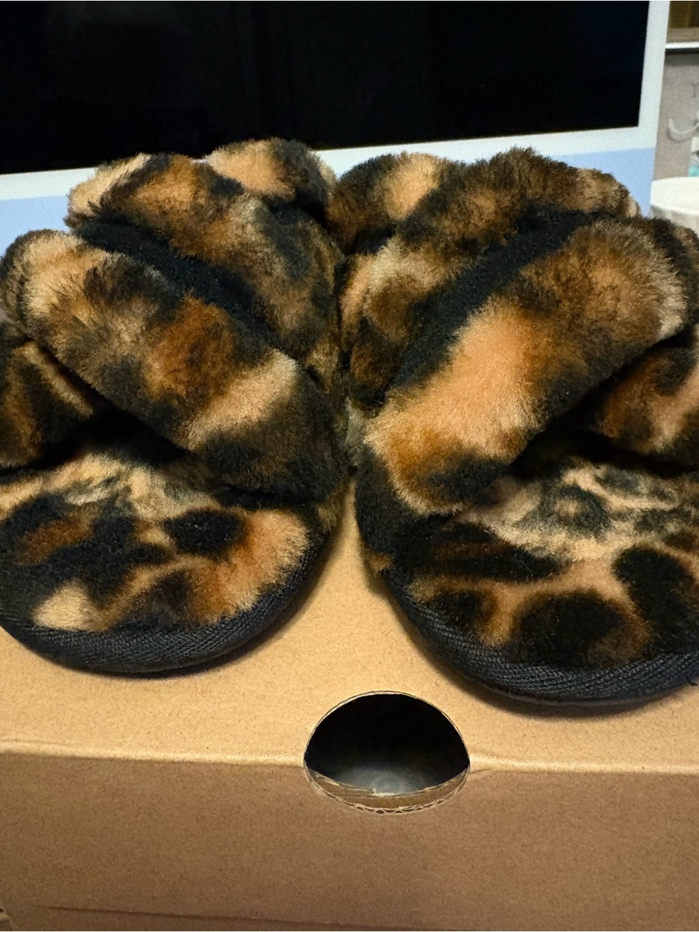 UGG Leopard Faux Fur Crisscross Slide Slippers - Brown & Black